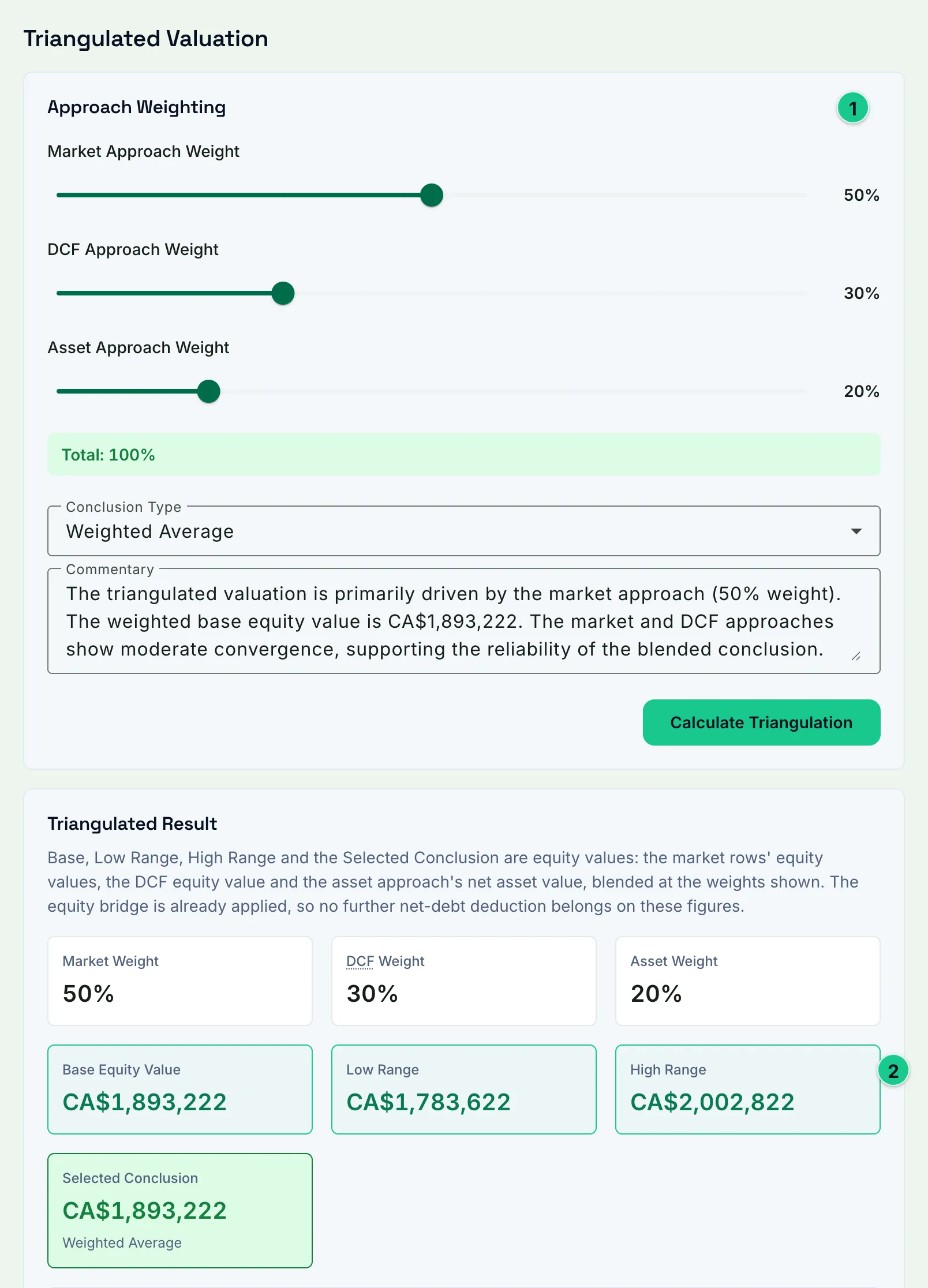 The triangulation screen with the market, DCF and asset approaches weighted, and the triangulated low, base and high values.