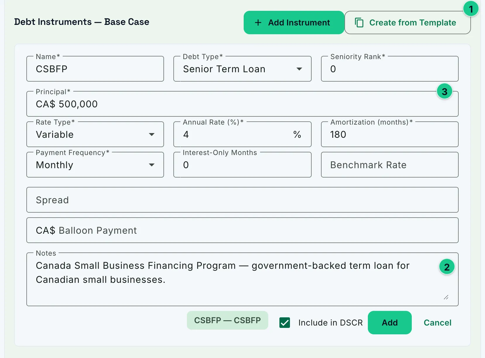 The debt instrument editor on a Canadian-dollar deal, with a senior term loan created from the CSBFP template and the program named in full in its notes.
