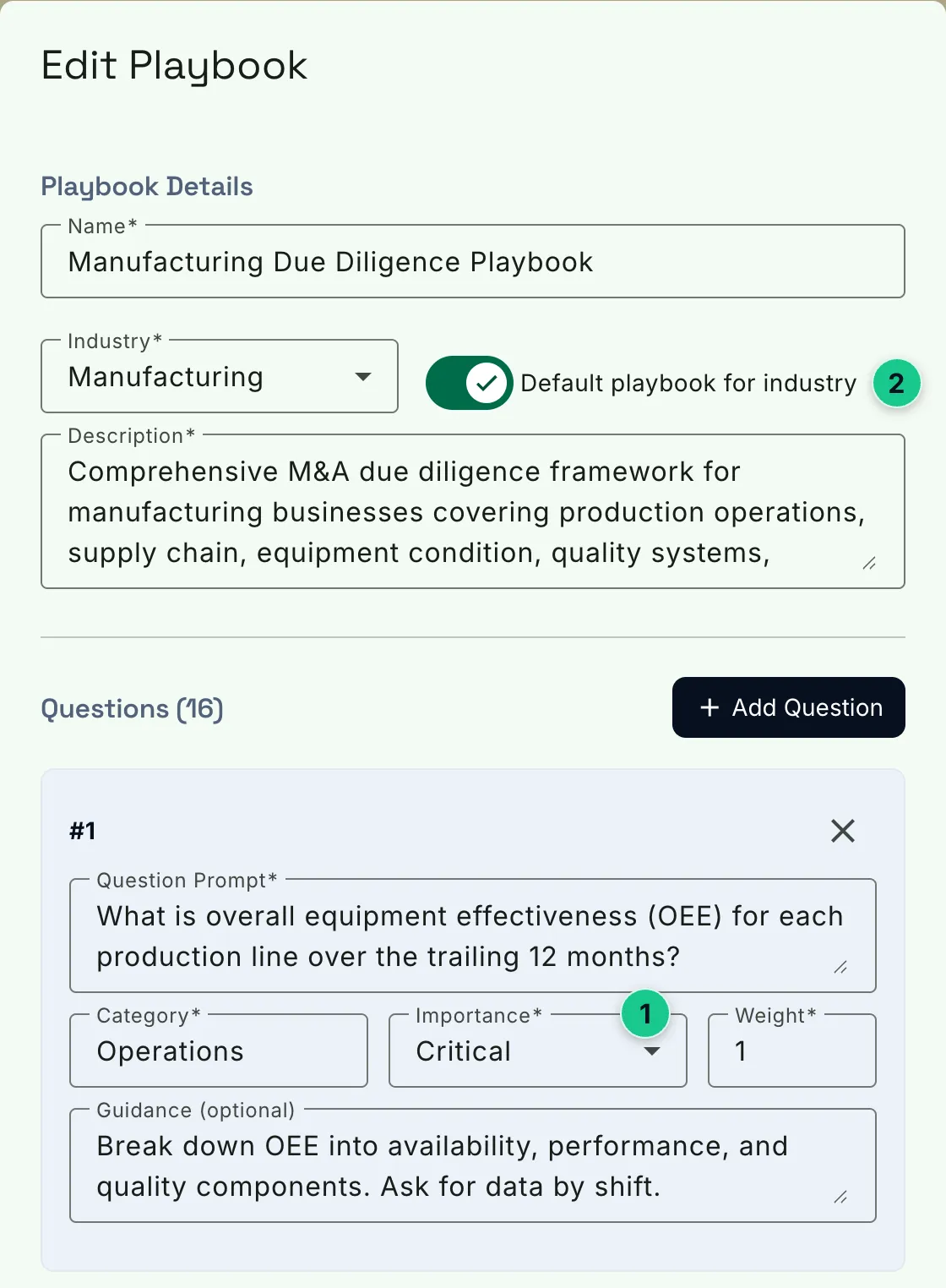 An industry playbook open in the builder, each question with a category, an importance and a weight, marked as the default for its industry.
