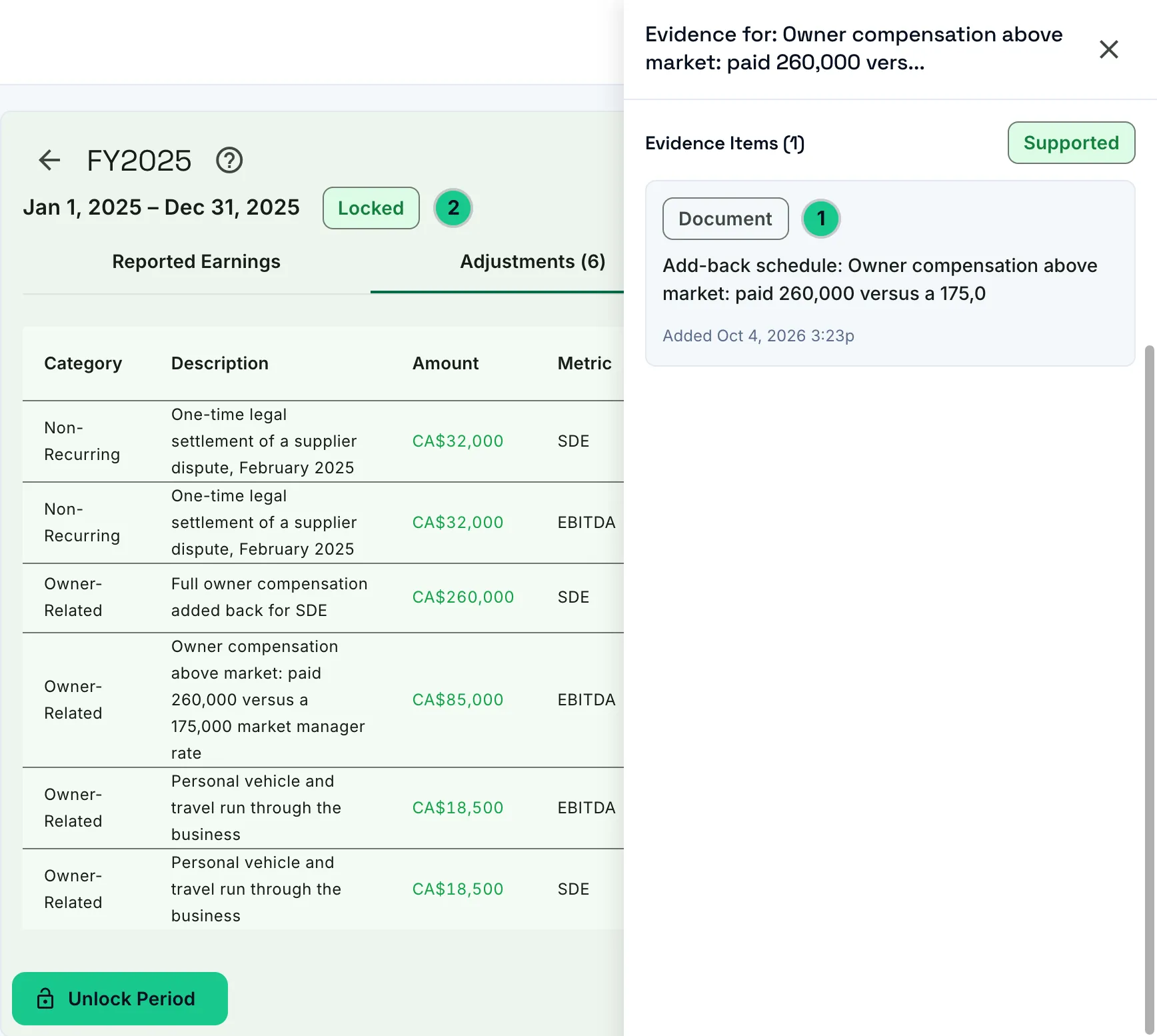 A locked Quality of Earnings period with one adjustment's evidence panel open, showing the attached document.