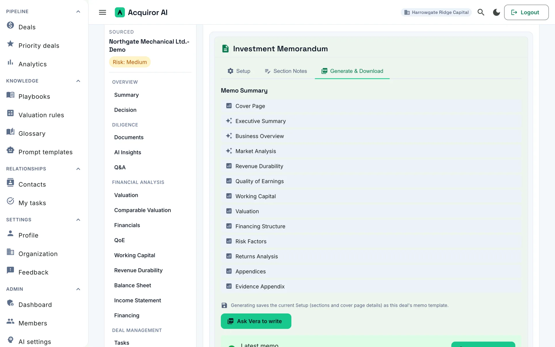 The Investment Memorandum screen for a demonstration deal, listing the memo sections from cover page to evidence appendix, with a button to have Vera write the memo.