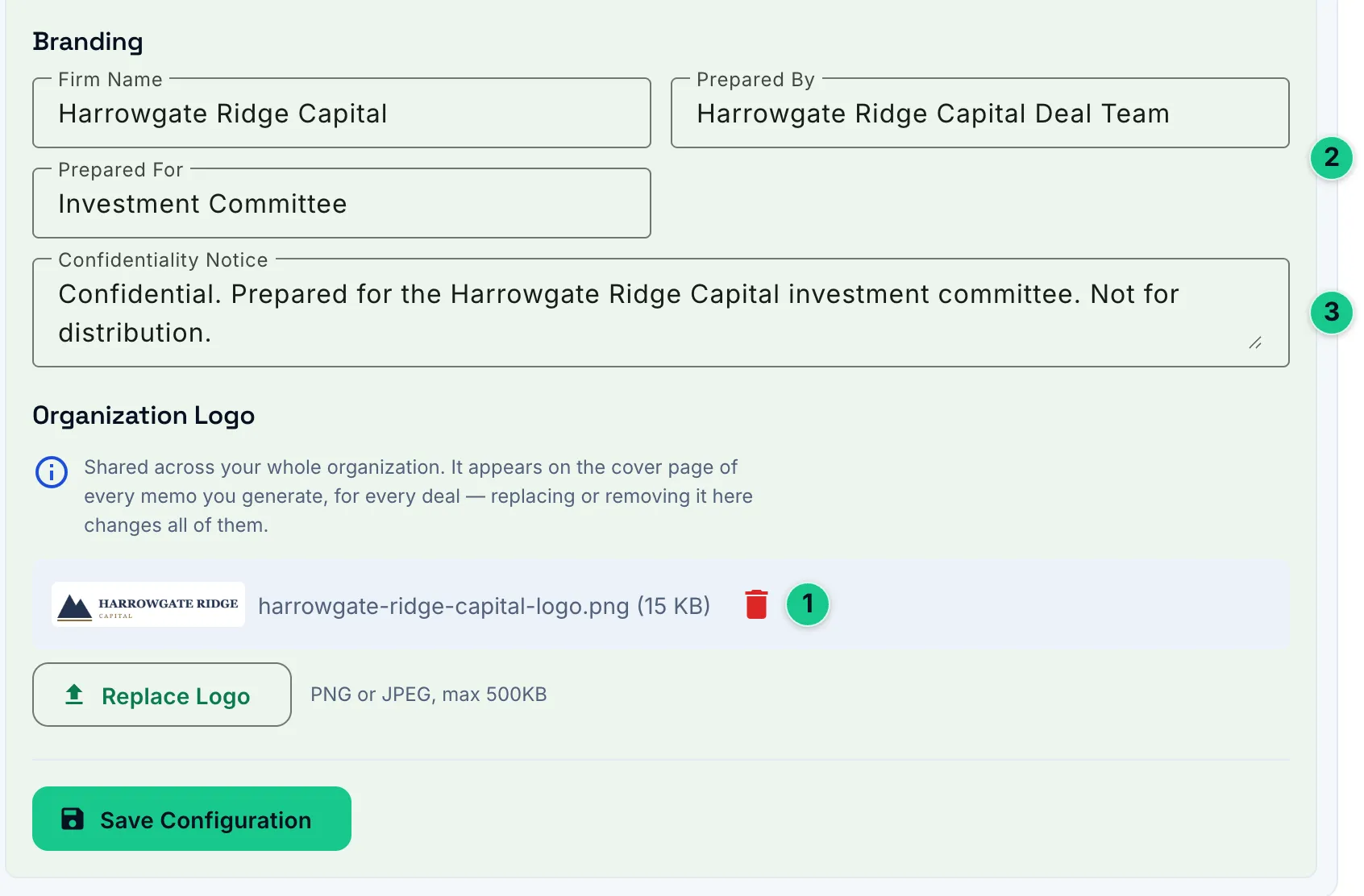 The Investment Memo branding fields filled in with a firm name, preparer, recipient and confidentiality notice, and a firm logo uploaded.