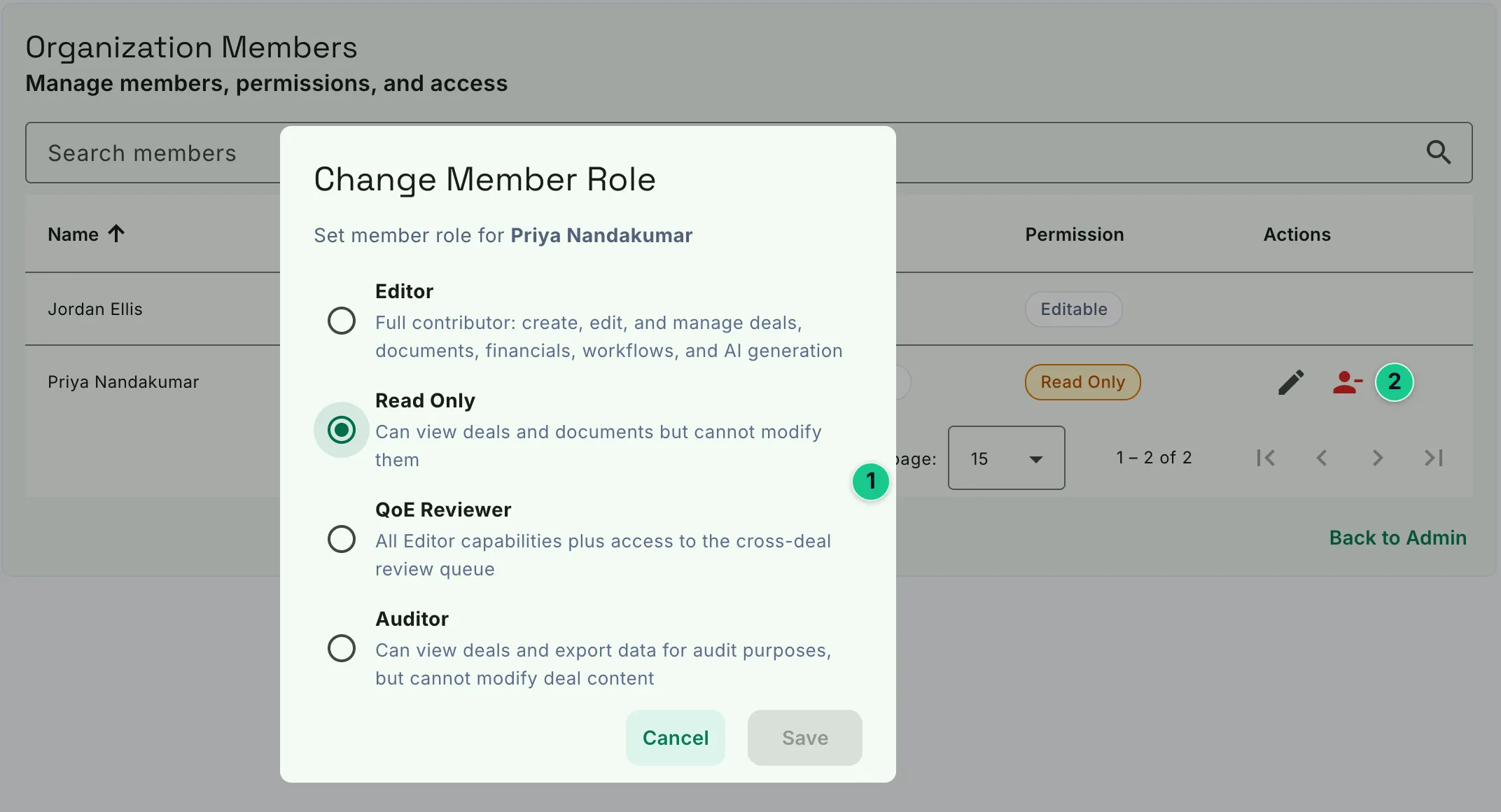 The Change Member Role dialog listing the four member permissions: Editor, Read Only, QoE Reviewer and Auditor.