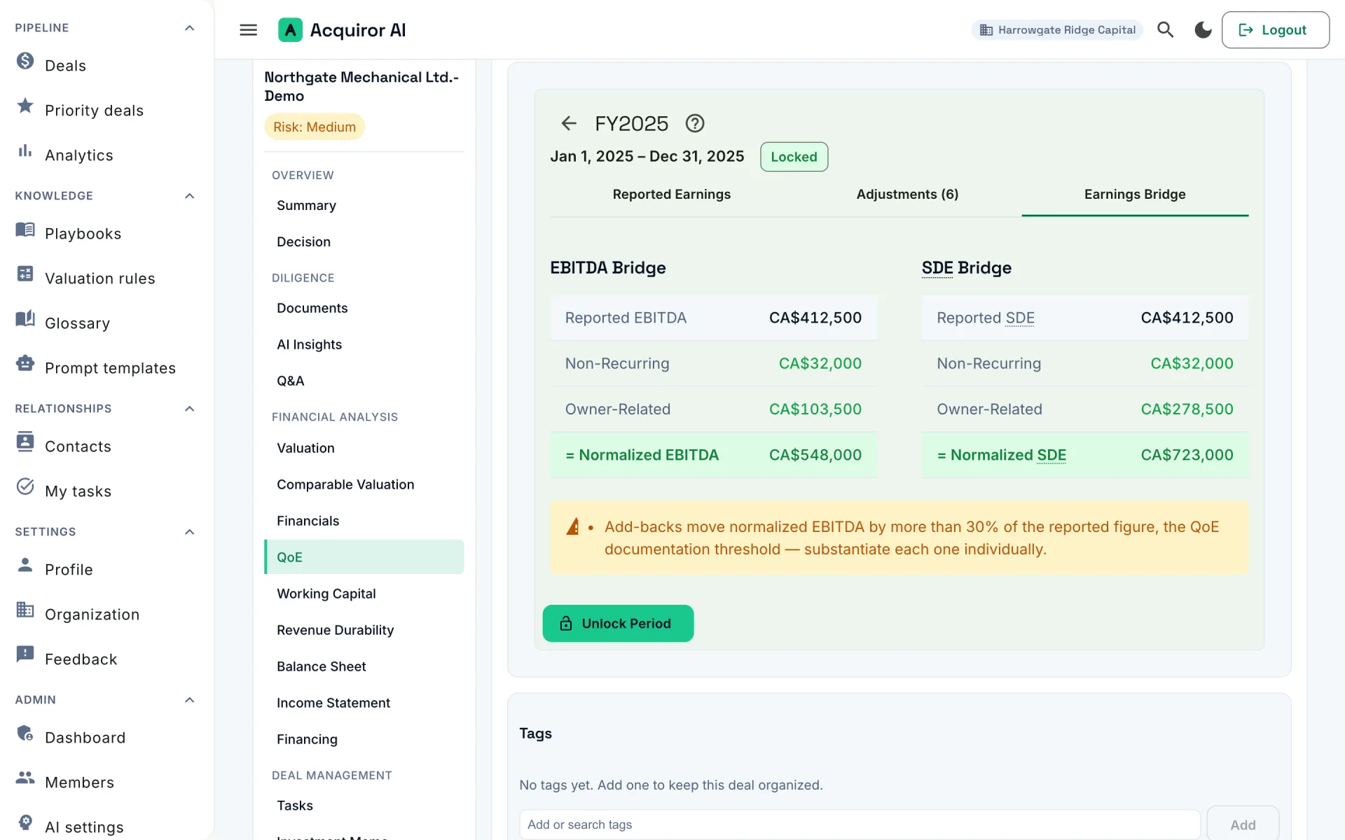 The earnings bridge for a locked fiscal 2025 period on a demonstration deal: reported EBITDA plus non-recurring and owner-related add-backs gives normalized EBITDA, beside the same bridge for SDE, with a warning that the add-backs exceed 30% of the reported figure.