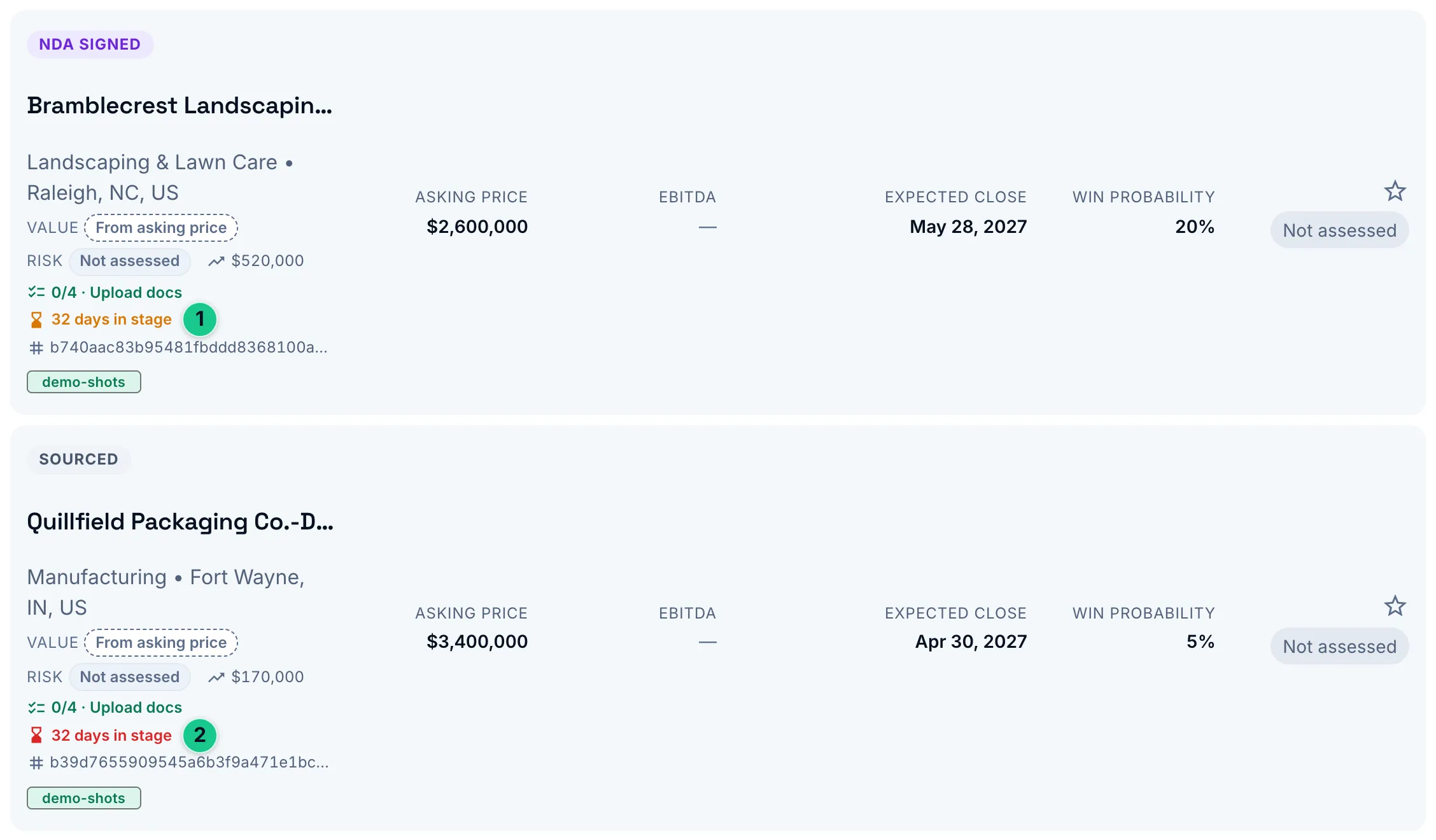 Two deals in the deal list, each showing days in its stage, with one flagged as stalled.